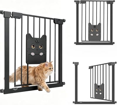ACXIN Traphekje Zonder Boren 75-85 cm - Met Grote Kattenluik - 180° Dubbelzijdig Openend - Autoclose Dubbel Slot - Metalen Veiligheidshekje voor Baby Hond Kat - Zwart
