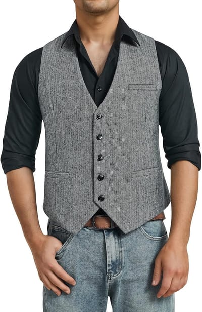 Heren Herringbone Tweed Vest van Wol voor Formele en Casual Gelegenheden - V-Hals, Één Maat, Bruin, Hip Lengte