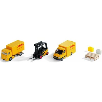 SIKU 6335, DHL logistiek geschenkset, inclusief vrachtwagen, heftruck, bezorgwagen, pallets en pakketten, metaal/kunststof, geel, bewegende onderdelen