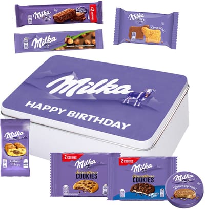 Milka Mix Collection Box "Happy Birthday" - Choco Supreme, Cake & Choc, Choco Moo, Brownie, Hazelnootreep, Cookies Choco & Sensations Cookies - 451g