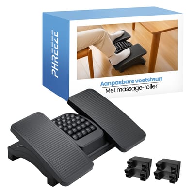 Phreeze - Voetensteun - Ergonomisch Voetensteun Bureau - Met Massage Roller - Verstelbaar in 3 Hoeken - Voetenbankje - Zwart
