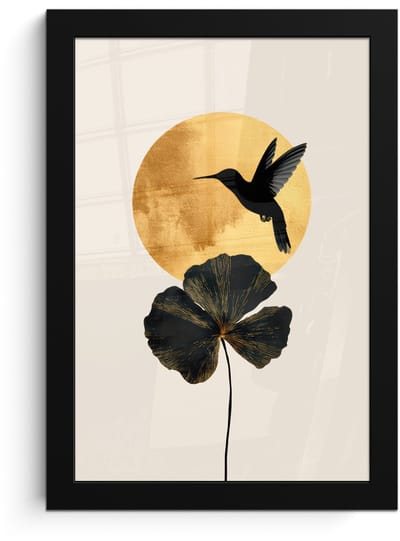 Poster in lijst - Fotolijst 20x30 cm - Posters - Zwarte kolibrie - Bloem - Gouden cirkel - Posterlijst zwart - Decoratie - Wanddecoratie woonkamer - Muurdecoratie slaapkamer
