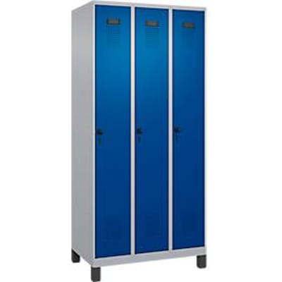 C+P Evolo Plus garderobekast, 3 vakken, 300 mm vakbreedte, met voeten, draaischroef, B 900 x D 500 x H 1950 mm, blank aluminium/ gentiaanblauw