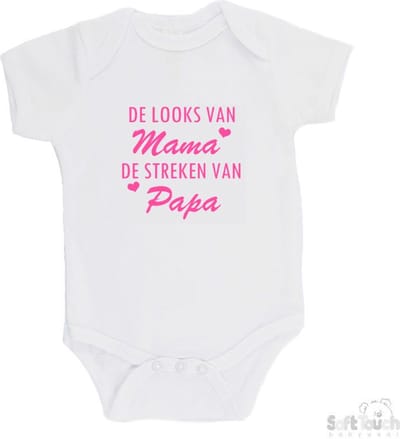 100% katoenen Romper "De looks van mama, De streken van papa Meisjes Katoen Wit/roze Maat 62/68