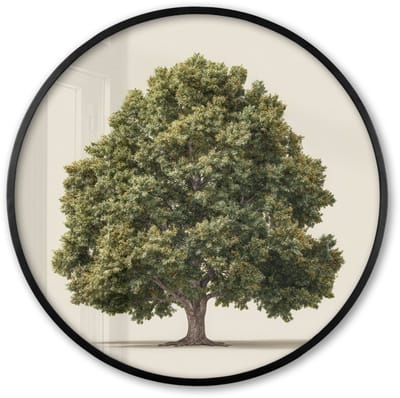 Poster in lijst Rond - Fotolijst 60x60 cm - Posters - Eikenboom - Groen - Lichte achtergrond - Ronde posterlijst zwart - Decoratie - Wanddecoratie woonkamer - Muurdecoratie slaapkamer