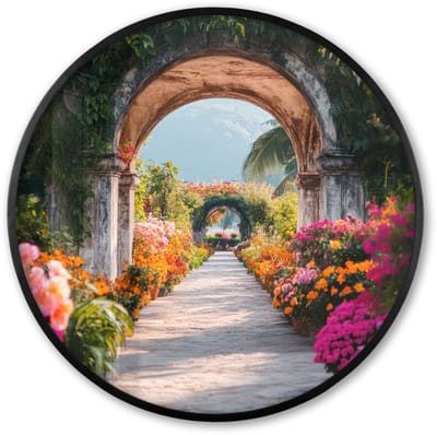 Poster in lijst Rond - Fotolijst 60x60 cm - Posters - Doorkijk - Bloemen - Tropisch - Kleurrijk - Ronde posterlijst zwart - Decoratie - Wanddecoratie woonkamer - Muurdecoratie slaapkamer