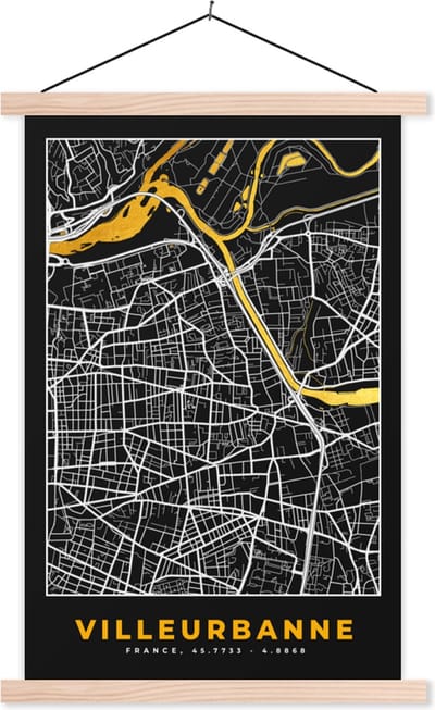 Posterhanger incl. Poster 40x60 cm - Schoolplaat - Kaart – Stadskaart – Frankrijk – Villeurbanne - Plattegrond - Textielposter - Blanke latten - Stadskaart