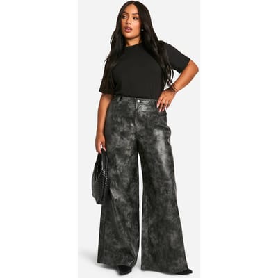 boohoo Dames Plus Washed Faux Leather Wide Leg Trouser | Black | Maat: 16