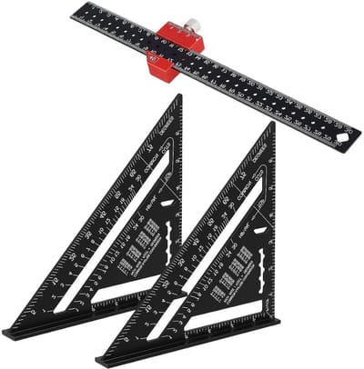 Hoekset voor timmerwerk - 3-delige set met 2 driehoekige linialen van 180 mm en 300 mm ijzeren maatvoering voor het markeren van 45° en 90° - Perfect voor houtbewerking, klussen en handwerken