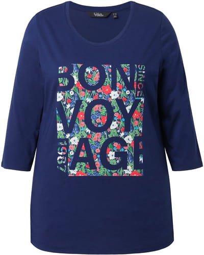 Ulla Popken - Dames - Shirt Bon Voyage klassiek ronde hals 3/4-mouwen - Inktblauw - Maat 42+