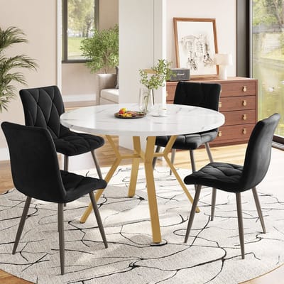 MODFU - Eettafelset - Rond - Met 4 Ergonomische Stoelen - Modern - Voor Eetkamer - MDF En Staal - Zwart En Goudkleurig
