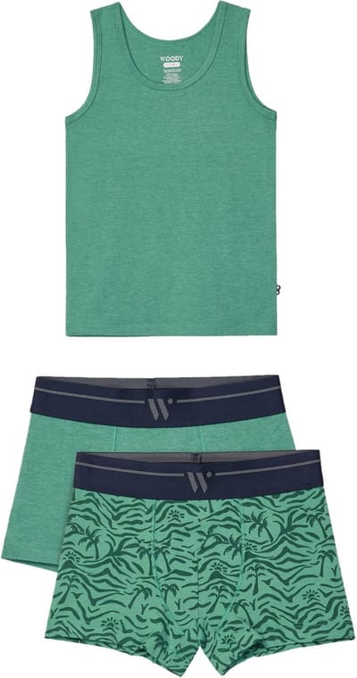 Woody ondergoed set jongens - palm – groen - 1 hemd en 2 boxers - maat 140