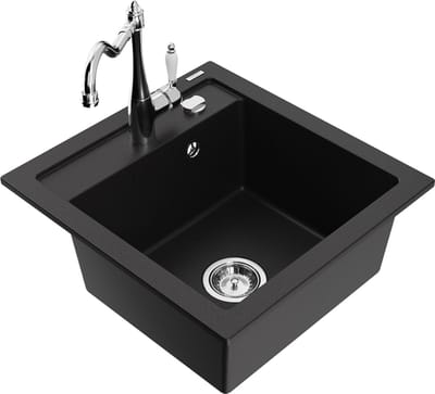 Mexen Vito 1-komorige granieten spoelbak met keukenkraan Carla, zwart - 6503-77-670700-00