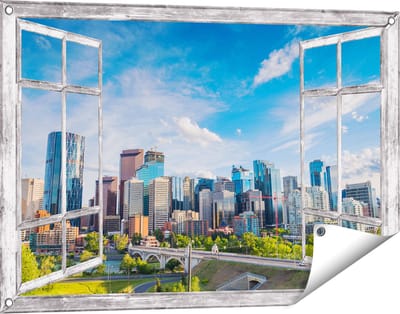 Gards Tuinposter Doorkijk Skyline Calgary Stad in Canada - 90x60 cm - Tuindoek - Tuindecoratie - Wanddecoratie buiten - Tuinschilderij