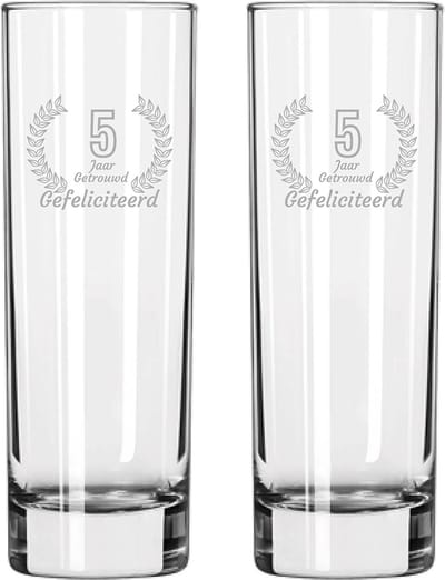 Gegraveerde set Longdrinkglazen 22cl Gefeliciteerd 5 jaar getrouwd