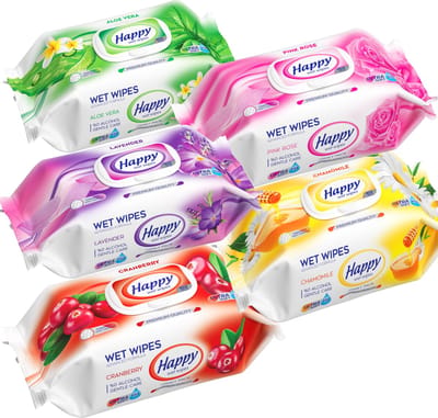 Happy Wet Wipes: 5 x 102 Vochtige doekjes - diverse geuren, pH-gebalanceerd op 5,5, alcohol- en parabeenvrij in een voordeelverpakking, huid vriendelijk, billendoekjes, babydoekjes, huidverzorging doekjes