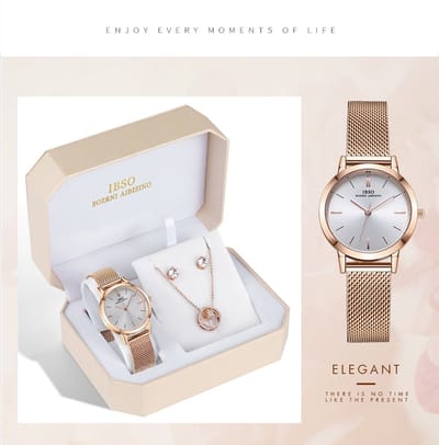 Boerni Aibisino Horloge, Oorbellen en Ketting Rosé luxe geschenk set  Diamand | Crystal glass | Premium kwaliteit uurwerk Quartz Japan | Mineraal | Geschenk | Fashion | Moederdag | Elegant | Dames | Vrouw | Black Friday
