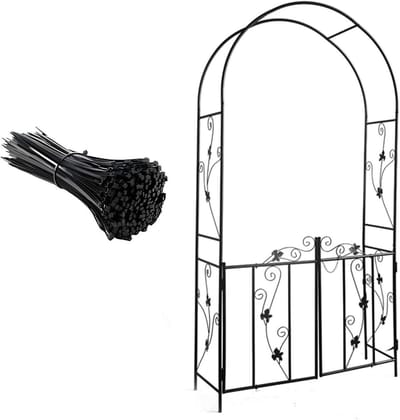 Metalen Rozenboog - Tuinpoort Prieel - Klimplanten Ondersteunen - Met Deur Ontwerp - 110x214x37 cm - Zwart