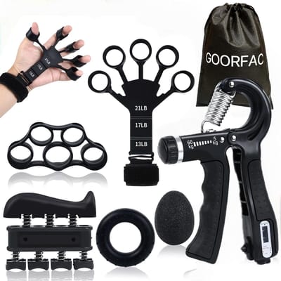 SnelShoppen - Hand en Vinger Trainer Set van 6 Grip Kracht Trainingshulpmiddelen, Verstelbare Weerstand, Ergonomisch Ontwerp, Zwart, Duurzaam Voorarme