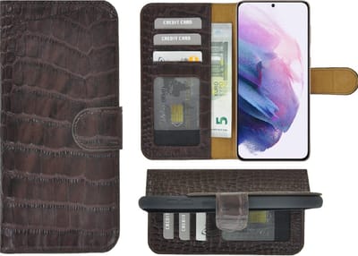 Hoesje Echt Leer Geschikt voor Samsung Galaxy S23 FE - Bookcase Hoesje - Samsung S23 FE Wallet Book Case Echt Leer Croco Chocoladerbuin Cover