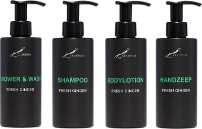 Compleet pakket Fresh Ginger - Shower & Wash + Shampoo + Bodylotion + Handzeep - 300 ml per fles - complete set van 4 stuks - bodycare - luxe fles - Cadeau