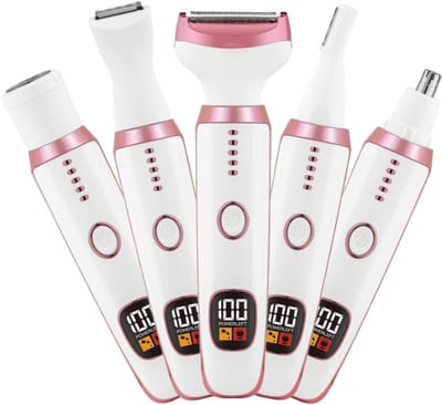 Elektrische scheermesjes voor vrouwen, bikini voor vrouwen, 5 in 1 lichaam scheermesjes voor neushoorts, gezicht, wenkbrauwen, armen, benen, oksels, oksels, schaamhaar, vervangbare scheermesjes voor dames, roze