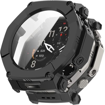 Strap-it PC case met glas geschikt voor Amazfit T-Rex Ultra 2 - Bescherming tegen stoten en krassen - Optimale bescherming - Screenprotector - Beschermend hoesje - Zwart
