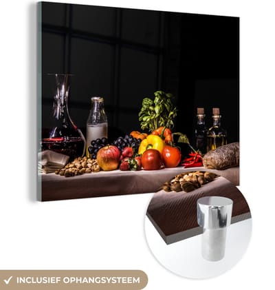 MuchoWow® Glasschilderij 160x120 cm - Schilderij acrylglas - Stilleven - Eten - Drinken - Fruit - Zwart - Foto op glas - Muurdecoratie woonkamer - Wanddecoratie slaapkamer - Schilderijen