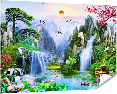 Gards Tuinposter Watervallen in de Bergen - Abstract - 150x100 cm - Tuindoek - Tuindecoratie - Wanddecoratie buiten - Tuinschilderij