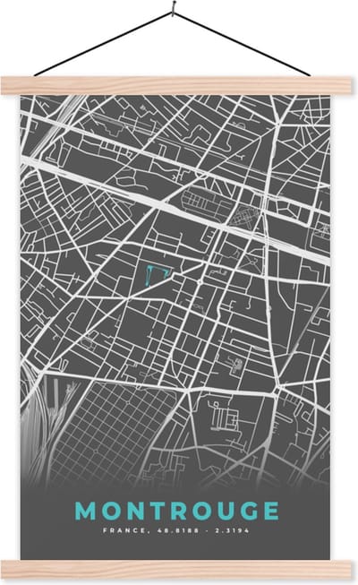 Posterhanger incl. Poster 40x60 cm - Schoolplaat - Montrouge - Frankrijk - Plattegrond - Kaart - Stadskaart - Textielposter - Blanke latten - Stadskaart