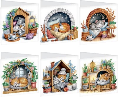 Set van 6 DIY Diamant Schilderen Wenskaarten voor Verjaardag, Moederdag, Kerst en Meer - Creatieve Kunstkaarten voor Cadeaus en Feestdagen, Inclusief Kattenontwerpen