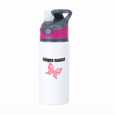 Hacebo® - roze vlinder met eigen naam waterfles met rietje roze - Vlinder - dieren liefhebber - iemand die houdt van vlinders - verjaardag - cadeau - kado - geschenk - water fles - 650ML