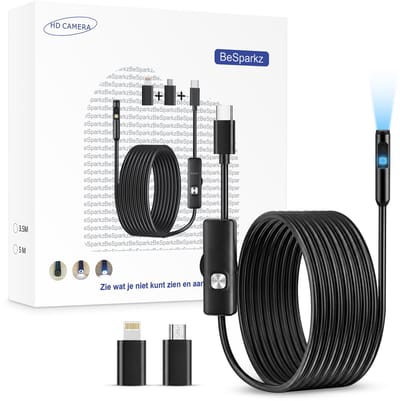 BeSparkz Endoscoop 5m - geschikt voor USB-C en Lightning Smartphones - Inspectiecamera - - 8mm kop - 5M kabel - waterproof - 8 LED Verlichting