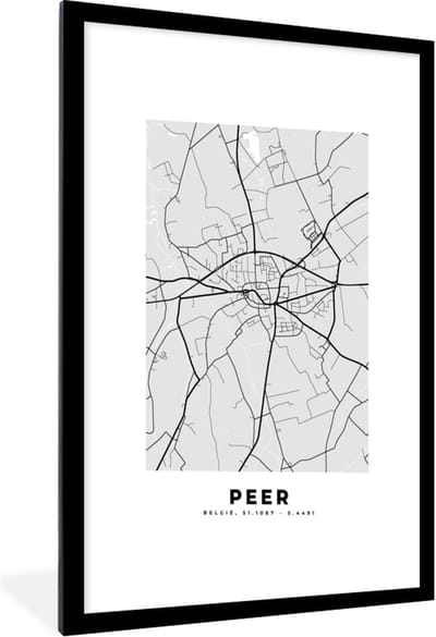 Fotolijst incl. Poster Zwart Wit- België – Peer – Stadskaart – Kaart – Zwart Wit – Plattegrond - 60x90 cm - Posterlijst