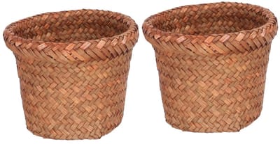 Geweven Afvalmand - Rieten Prullenbak - Thuis Kantoor - Decoratieve Opbergmand - 15x12cm - Koffie