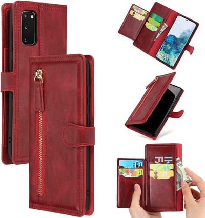 Premium vintage portemonnee hoesje met ritssluiting flip-cover hoes met kaarthoudersleuven Geschikt voor: Samsung Galaxy S21 FE - Rood