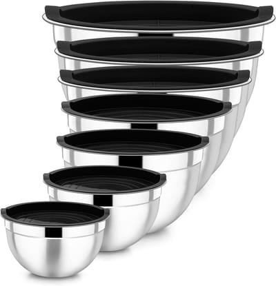 Stalen Mengkom Set van 7 Stuks, Inclusief Luchtdichte Deksel voor Salades en Koken, Stapelbaar en Vaatwasserbestendig, Diverse Inhoudsformaten van 0.7L tot 6.5L