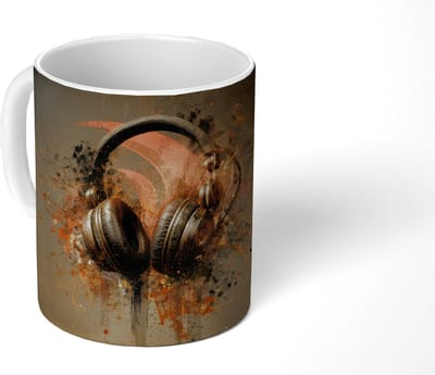 Mok - Koffiemok - Koptelefoon - Bruin - Verf - Vintage - Mokken - 350 ML - Beker - Koffiemokken - Theemok