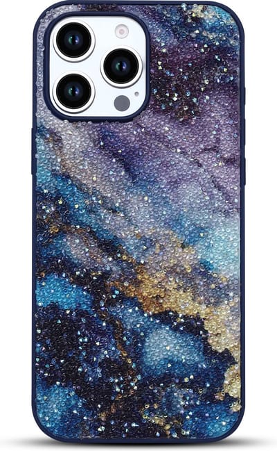 Casemania Hoesje Geschikt voor Apple iPhone 16 Pro - Blauw - Diamant Marmer Glitter Back Cover