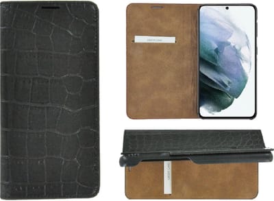 Geschikt voor Samsung S21 hoesje - Bookcase - Samsung Galaxy S21 hoesje - Portemonnee Wallet case Ultra dun Echt leer Croco Zwart
