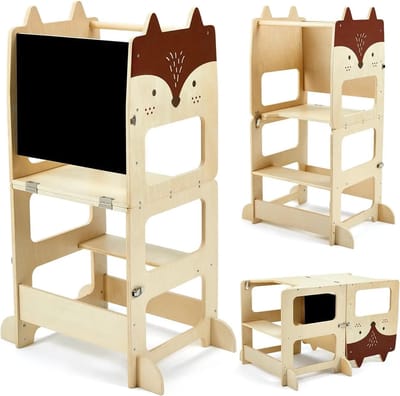 Geargalaxy 3-in-1 Leerstoel - Keukenhulpje - Kinderkruk - Kindertafel met Stoel - Inklapbaar Keukenhulp - Met Bureau en Krijtbord