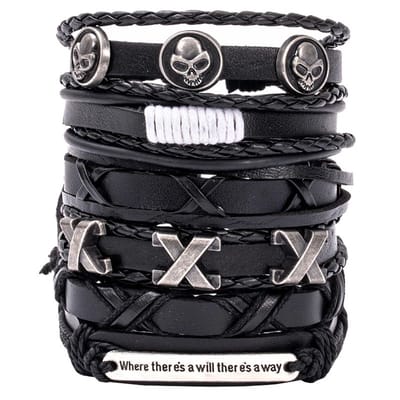 Fako Bijoux® - Armband Leer - Set Deluxe Triple X - 6 Stuks - Zwart/Bruin