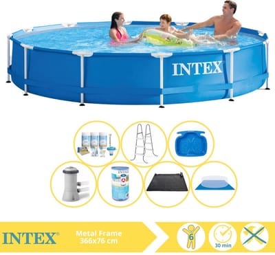 Intex Rond Frame Zwembad - 366 x 76 cm - Blauw - Inclusief Onderhoudspakket - Zwembadfilterpomp - Filter - Grondzeil - Solar Mat - Ladder - Voetenbad - 8-delig