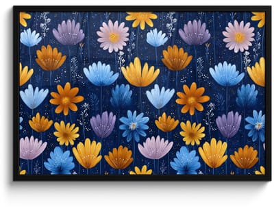 Poster in lijst - Fotolijst 90x60 cm - Posters - Bloemen - Patroon - Blauw - Contrast - Posterlijst zwart - Decoratie - Wanddecoratie woonkamer - Muurdecoratie slaapkamer