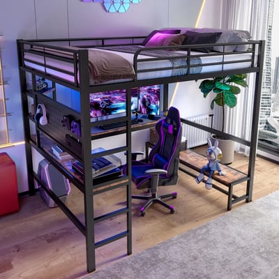 DESMIU Hoogslaper 140x200 cm – Met Bureau, LED En USB-C – Opbergplanken En Pegboard – Voor Tienerkamer Of Studio – Metaal – Zwart – Zonder Matras