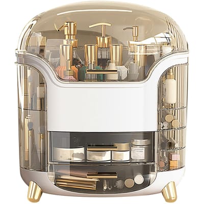 Boîte à cosmétiques de grande capacité, compartiment de rangement rotatif, étanche, transparente, verticale blanc