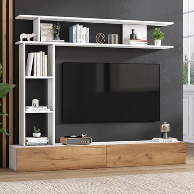 REDOM TV-meubel 180 x 35 x 22,5 cm van spaanplaat, wit en eiken, met opbergruimte en hang- of staand gebruik