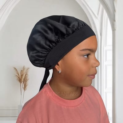 Zwart Satijnen slaapmuts met bandjes (kinderen / kindermaat 3-7 jaar) (Kinder Haar Bonnet) – AfricanFabs®