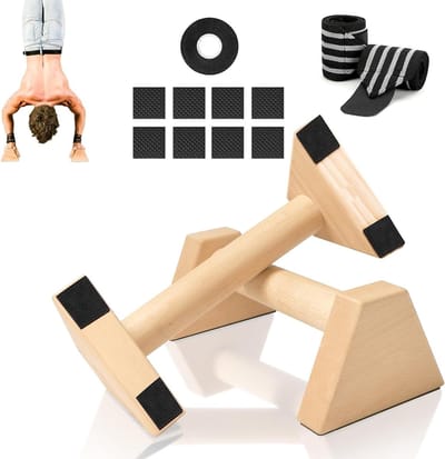 Houten Push Up Handvatten, 2 Stuks, Ideaal voor Calisthenics, Fitness en Spieropbouw, Inclusief Tape en Polsbanden voor Effectieve Training van het Bovenlichaam