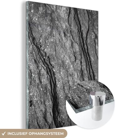 Glasschilderij zwart wit - Graniet - Steen - Zwart - Wit - 120x160 cm - Foto op glas - Decoratie woonkamer